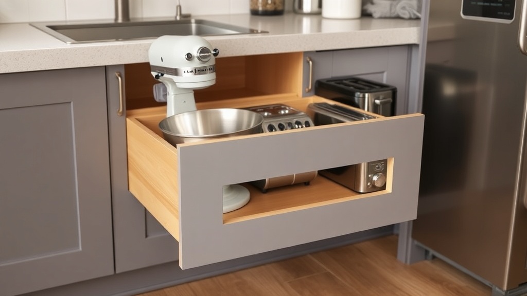 Ausziehbare Schublade unter der Arbeitsplatte mit Küchenmaschine und Toaster